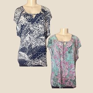 Grayson 2X Lot of 2 Blouses Navy Gray Wave Green Pink Paisley Print Short Sleeve